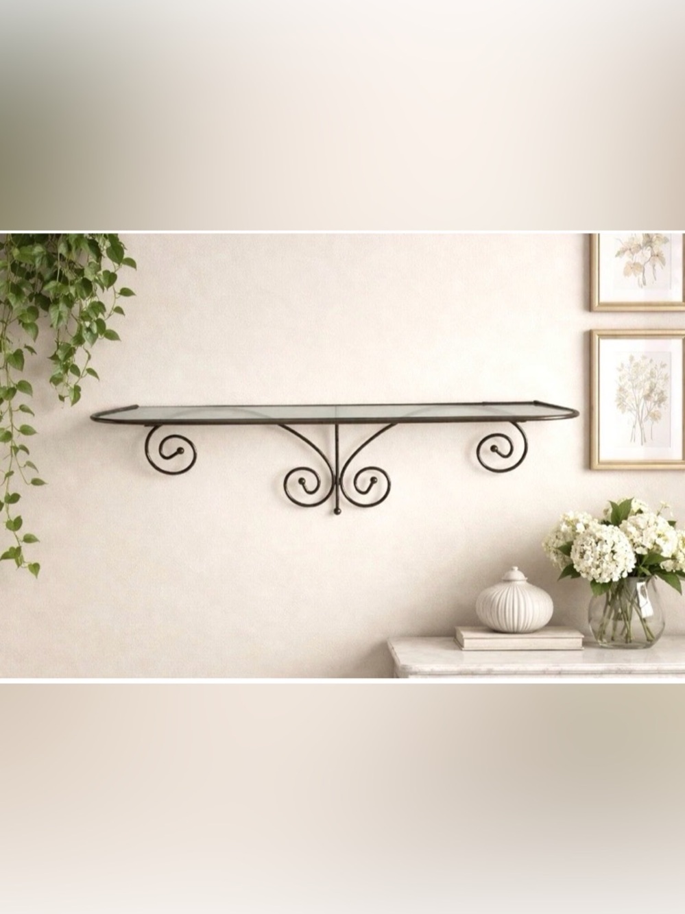 Home Interiors Wall Shelf MCM Brass Gold Scroll Glass Vanity Perfume Shelf Vtg